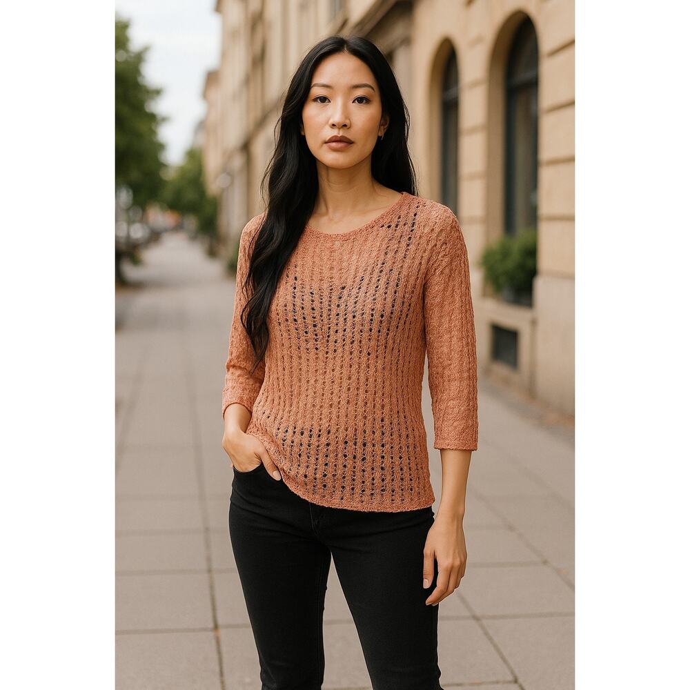 Amano Hand‎ Knit Open Weave Sweater Spain S Peach